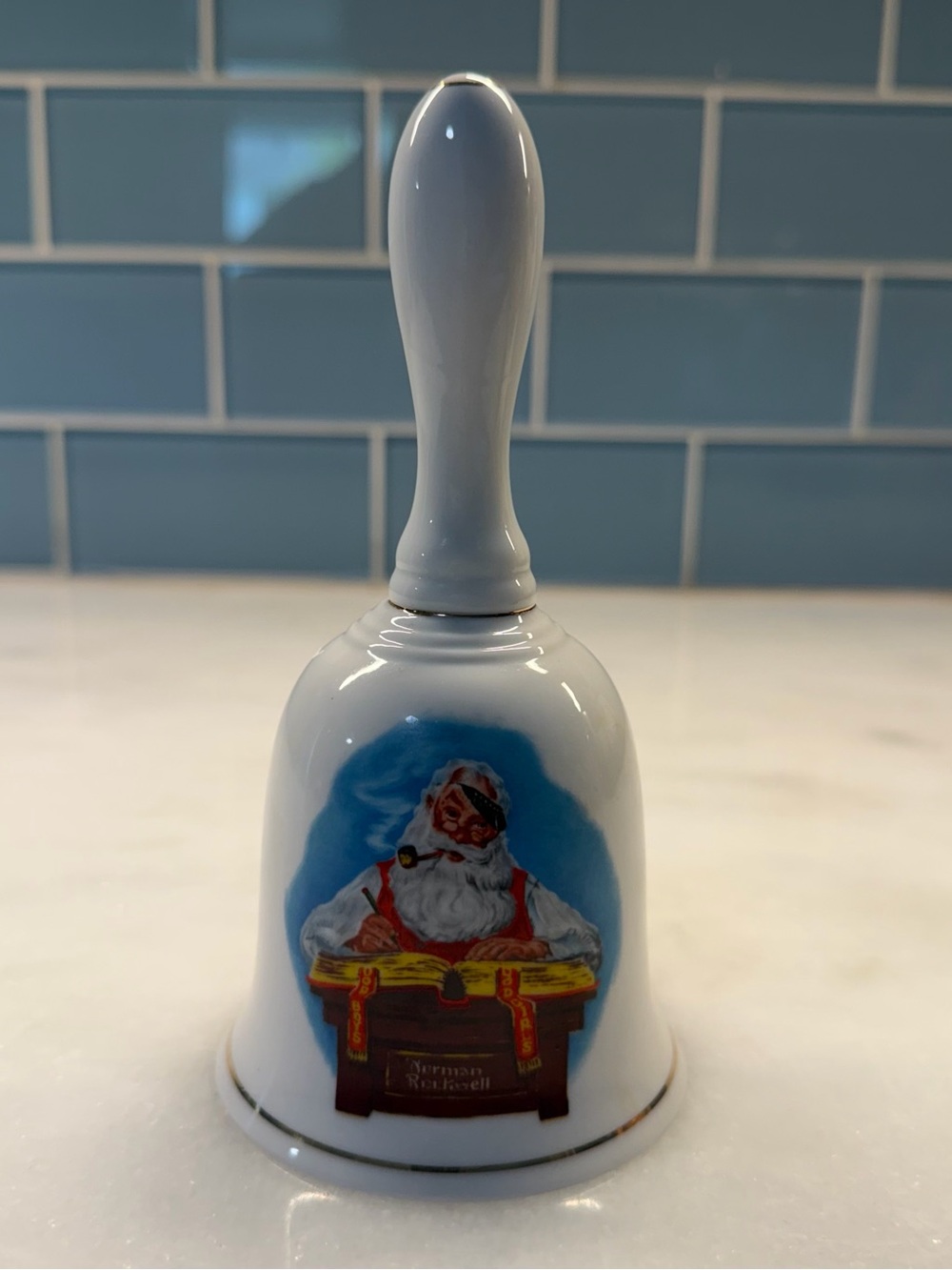 Norman Rockwell White Porcelain Holiday Bell with Santa Illustration